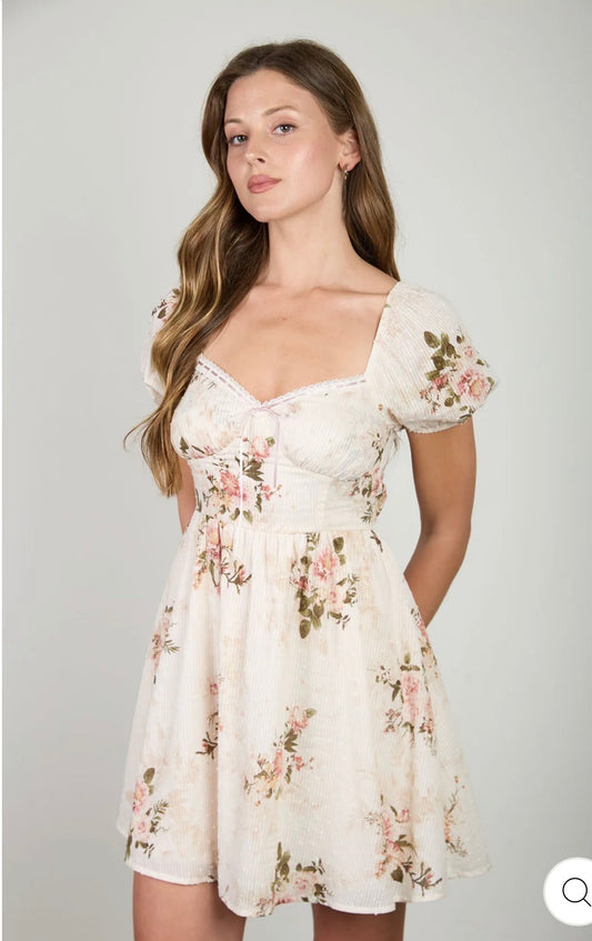 FLORAL STRIPE CLIP DOT SWEETHEART CORSET MINI DRESS