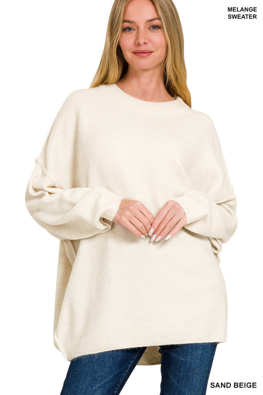 Oversized Round Neck Raw Seam Melange Sweater