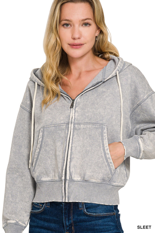 Acid Wash Fleece Cropped Zip Up Hoodie with Pockets