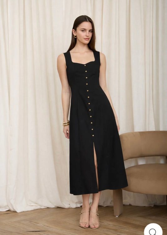 Button Down Sleeveless Split Hem Linen Midi Dress