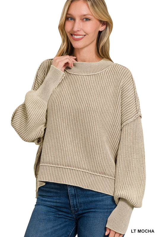 Washed Side Slit Oversized Cropped Sweater
