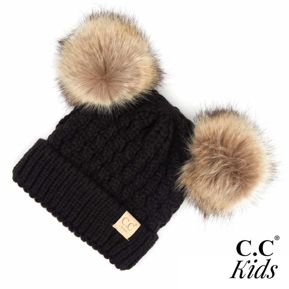 Kids Cable Knit Double Faux Fur Pom Beanie