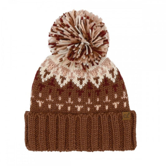 Geometric Pattern Knit Beanie With Multicolor Yarn Pom