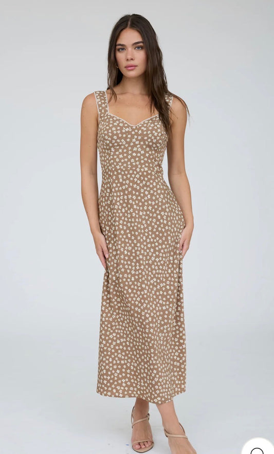 Floral Sweetheart Neck Trim Detail Midi Dress