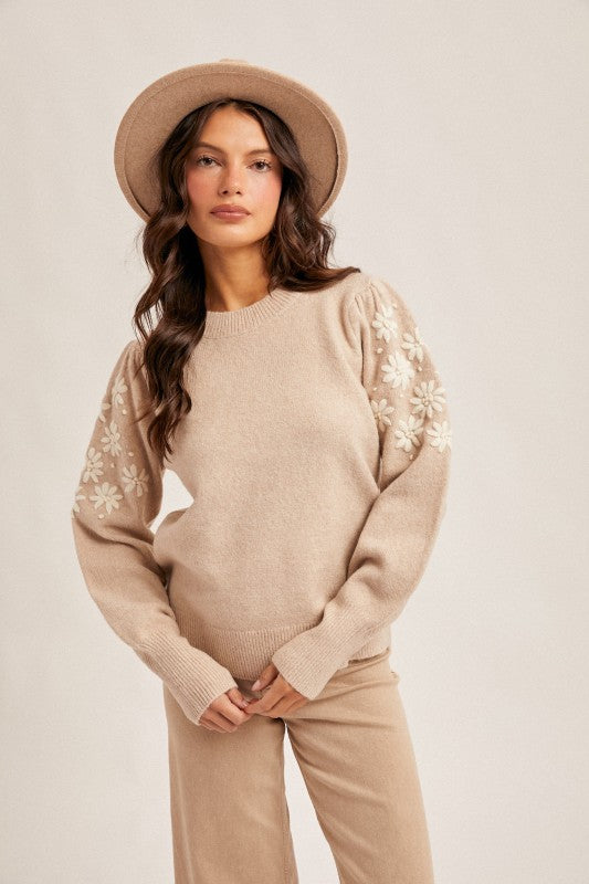 Floral Embroidery Bubble Sleeve Sweater