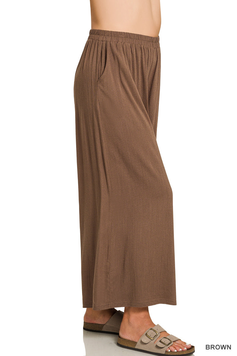 Woven Elastic Band Pants With Pocket