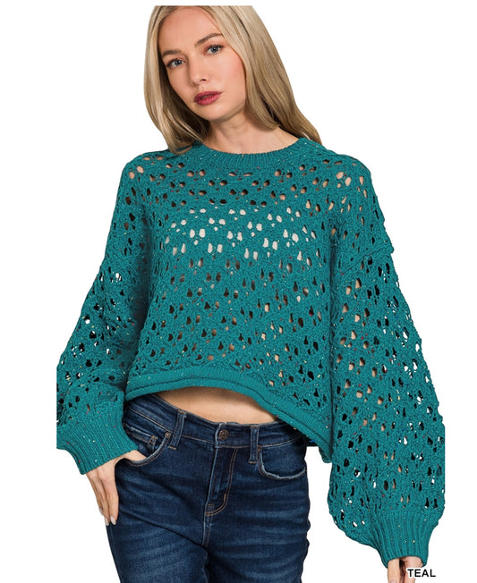 Cropped Crochet Knit Sweater - Teal