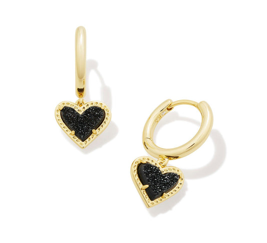 Ari Heart Huggie Earrings - Gold Black Drusy