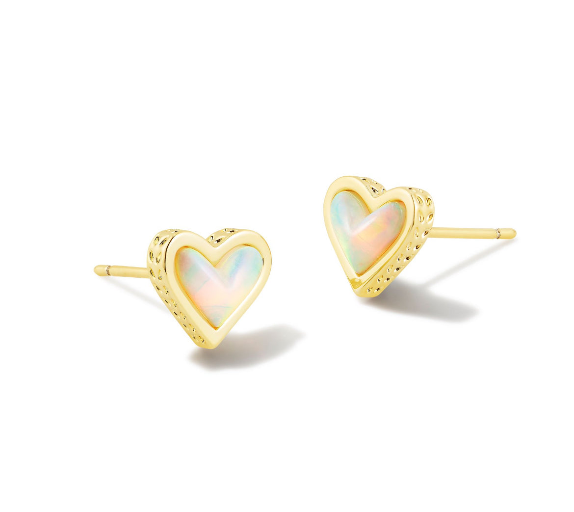 Framed Ari Heart Gold Stud - Gold White Opalescent Resin