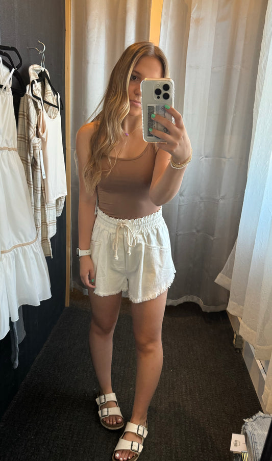 Frayed Hem High Waist Shorts in White