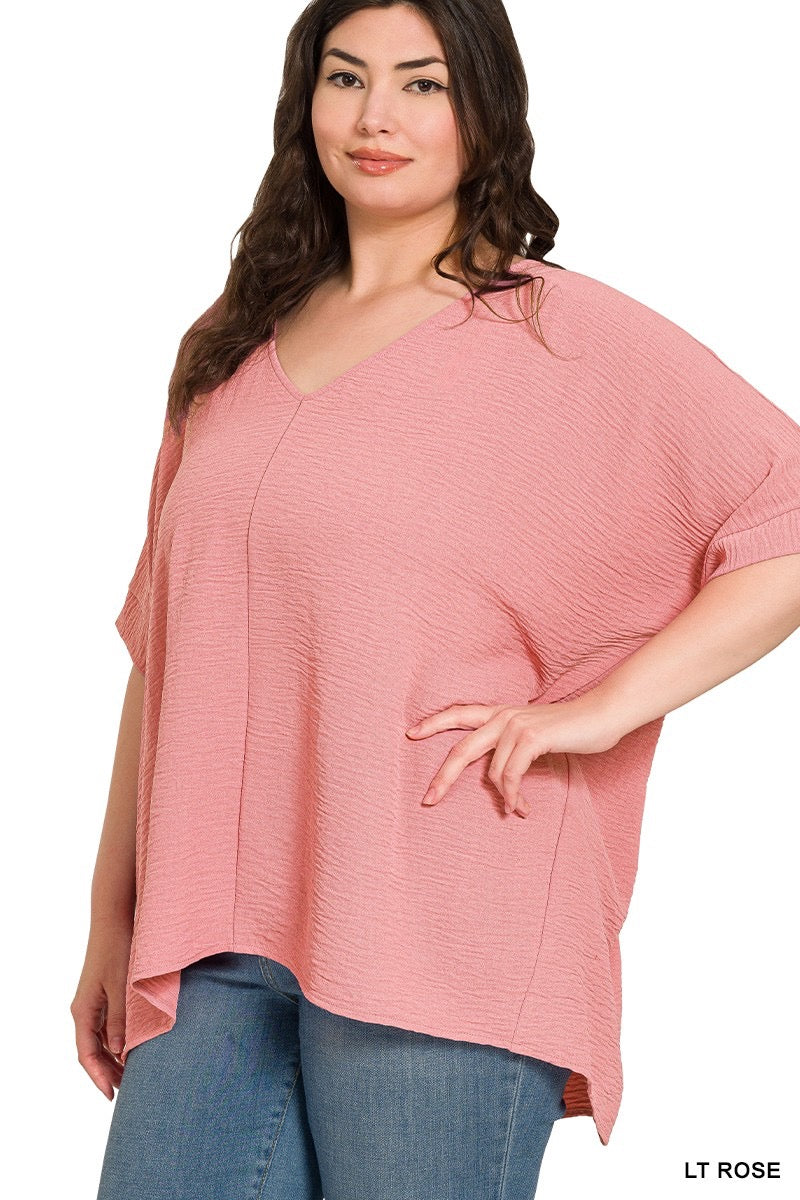 Plus Woven Airflow V-neck Dolman Short Sleeve Top