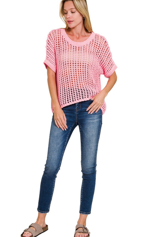 Fish Net Short Sleeve Crochet Sweater