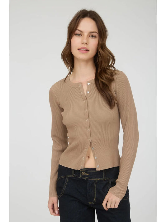 Snap Button Down Round Neck Knit Cardigan