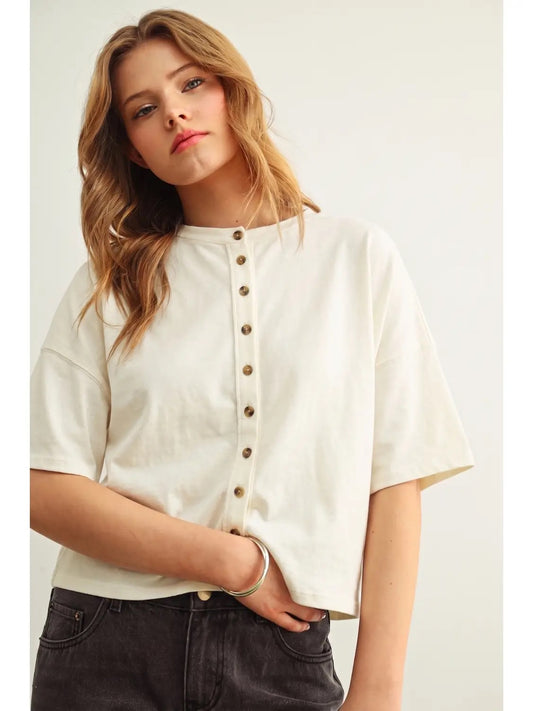 Button Down Round Neck Half Sleeve Top