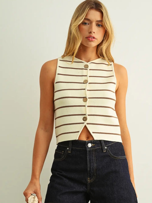 Metal Button Detail Stripe Pattern Knitted Vest