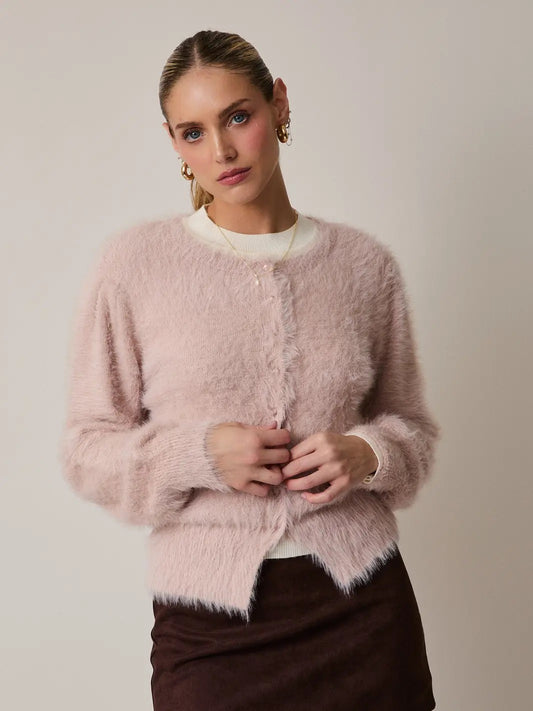Crew Neck Long Sleeve Button Down Fuzzy Cardigan