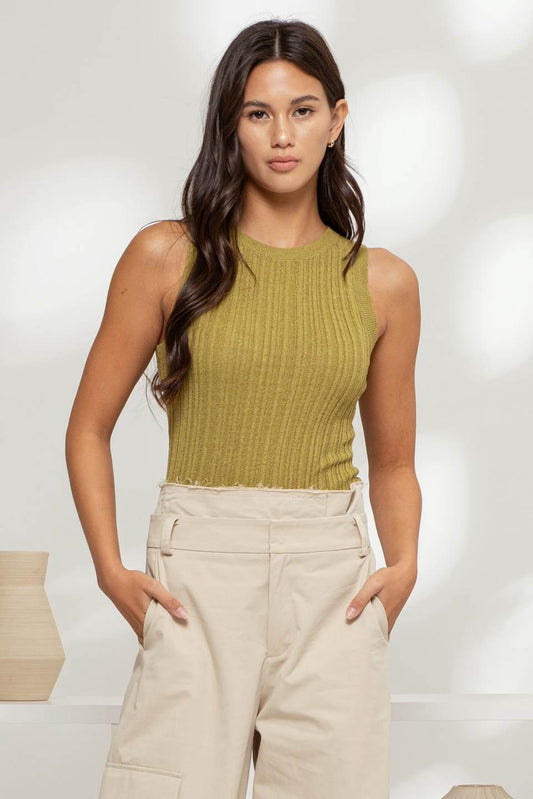 Olive Sleeveless Round Neck Sweater