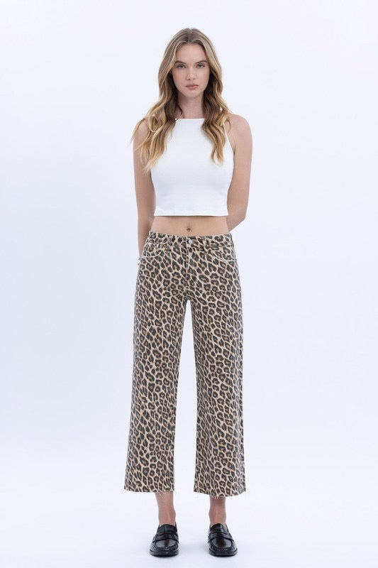 High Rise Animal Print Crop Wide Leg Jeans