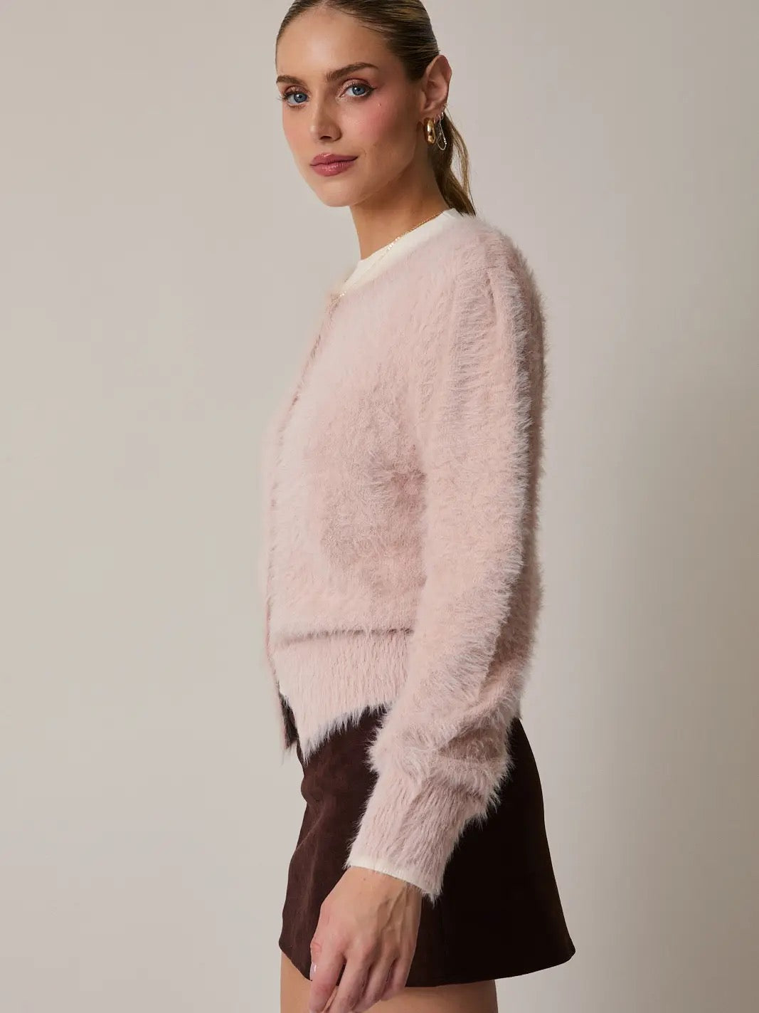 Crew Neck Long Sleeve Button Down Fuzzy Cardigan