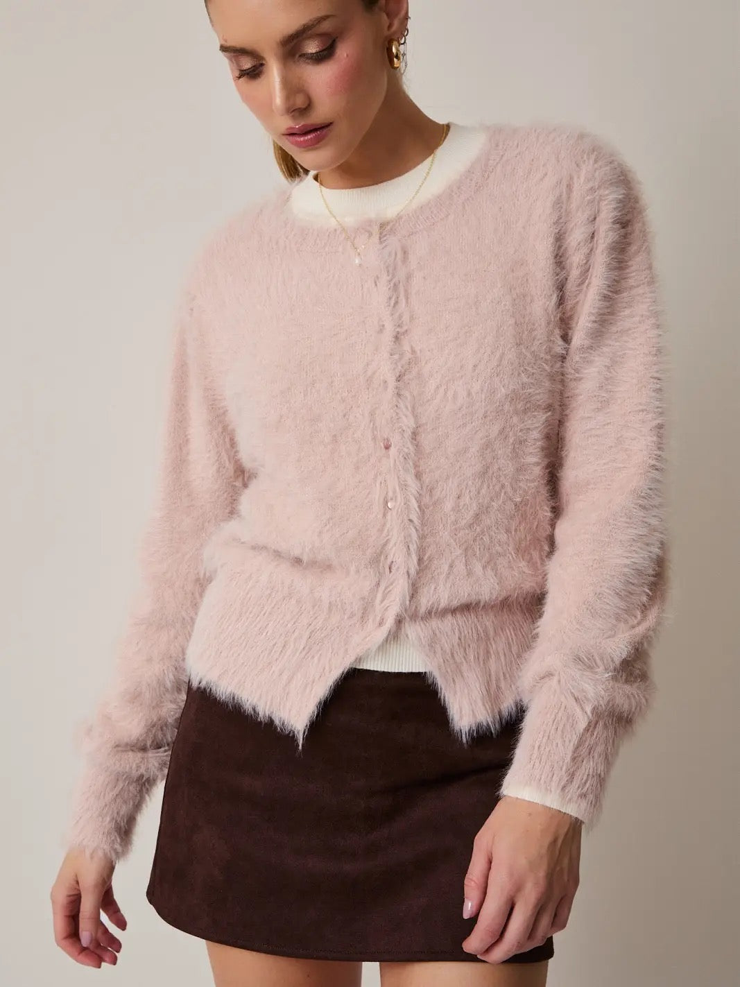 Crew Neck Long Sleeve Button Down Fuzzy Cardigan