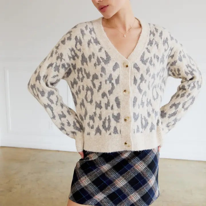 Button Up Long Sleeve Leopard Sweater