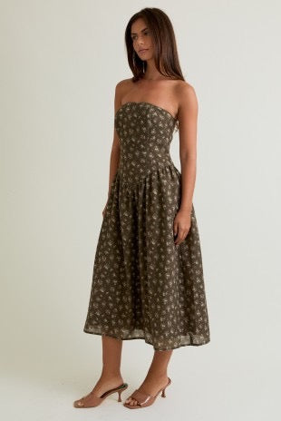 Dropped Waisted Lace Trim Detail Midi Dress