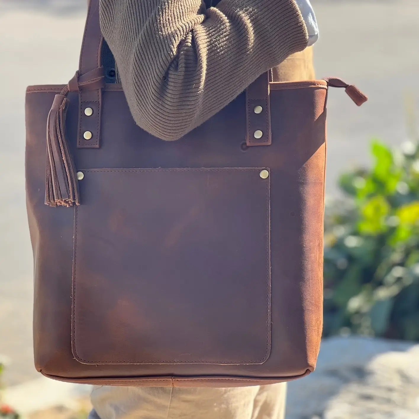 Vintage Cowhide Leather Tote Shoulder Bag