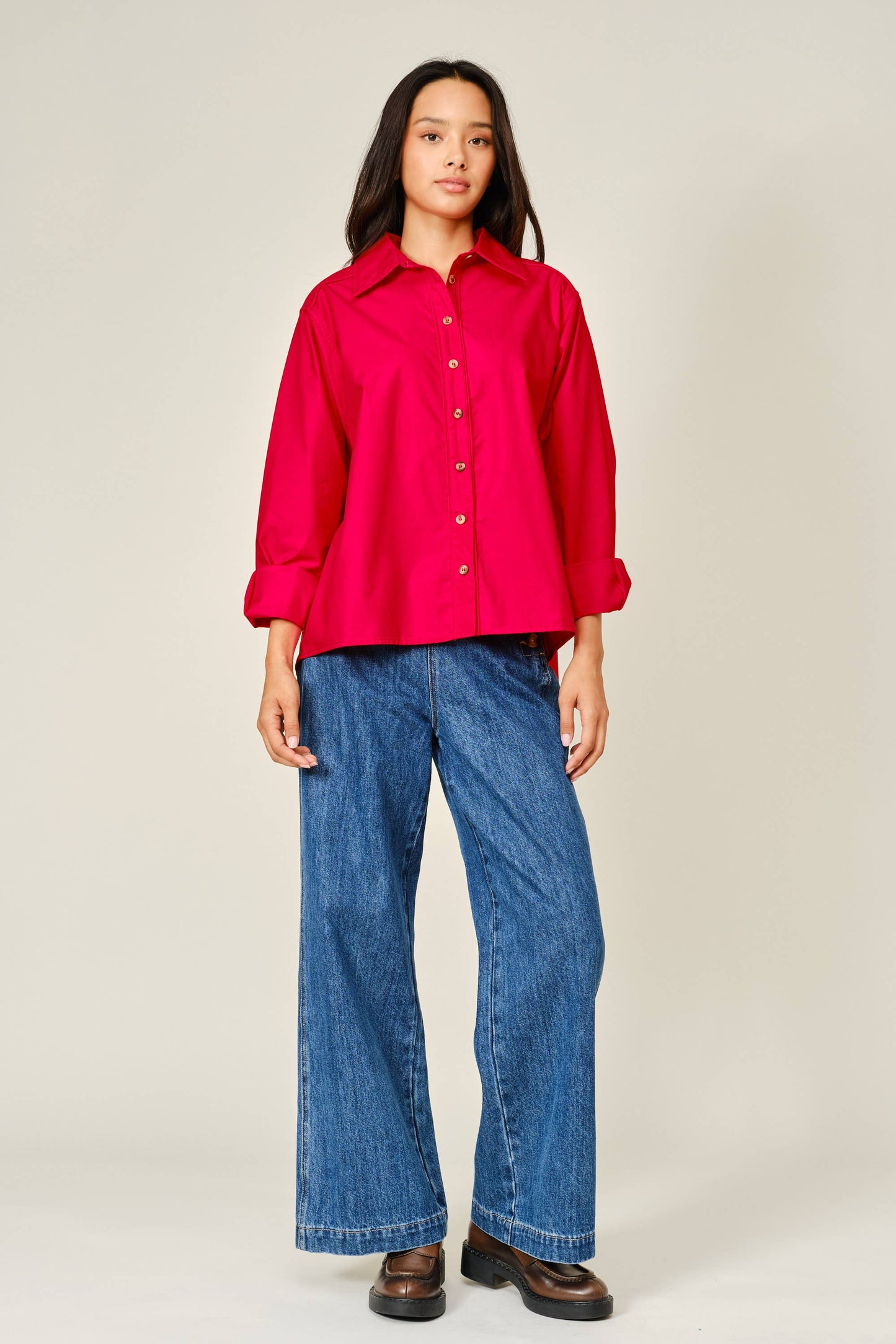Aaron & Amber - AJT6539 OVERSIZED CLASSIC BUTTON DOWN SHIRT: OFF WHITE / S-M-L (2-2-2)