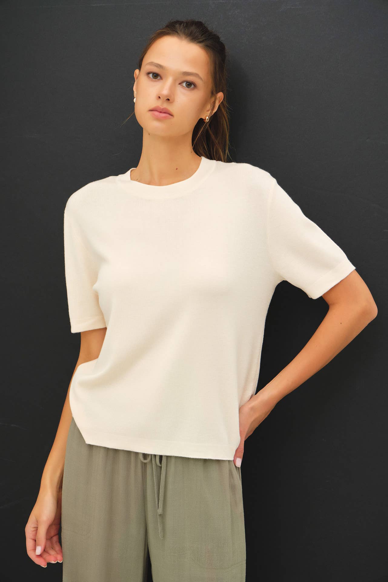 Be Cool - CASHMERE BLENDED SHORT SLEEVE SWEATER  : SLATE BLUE / L