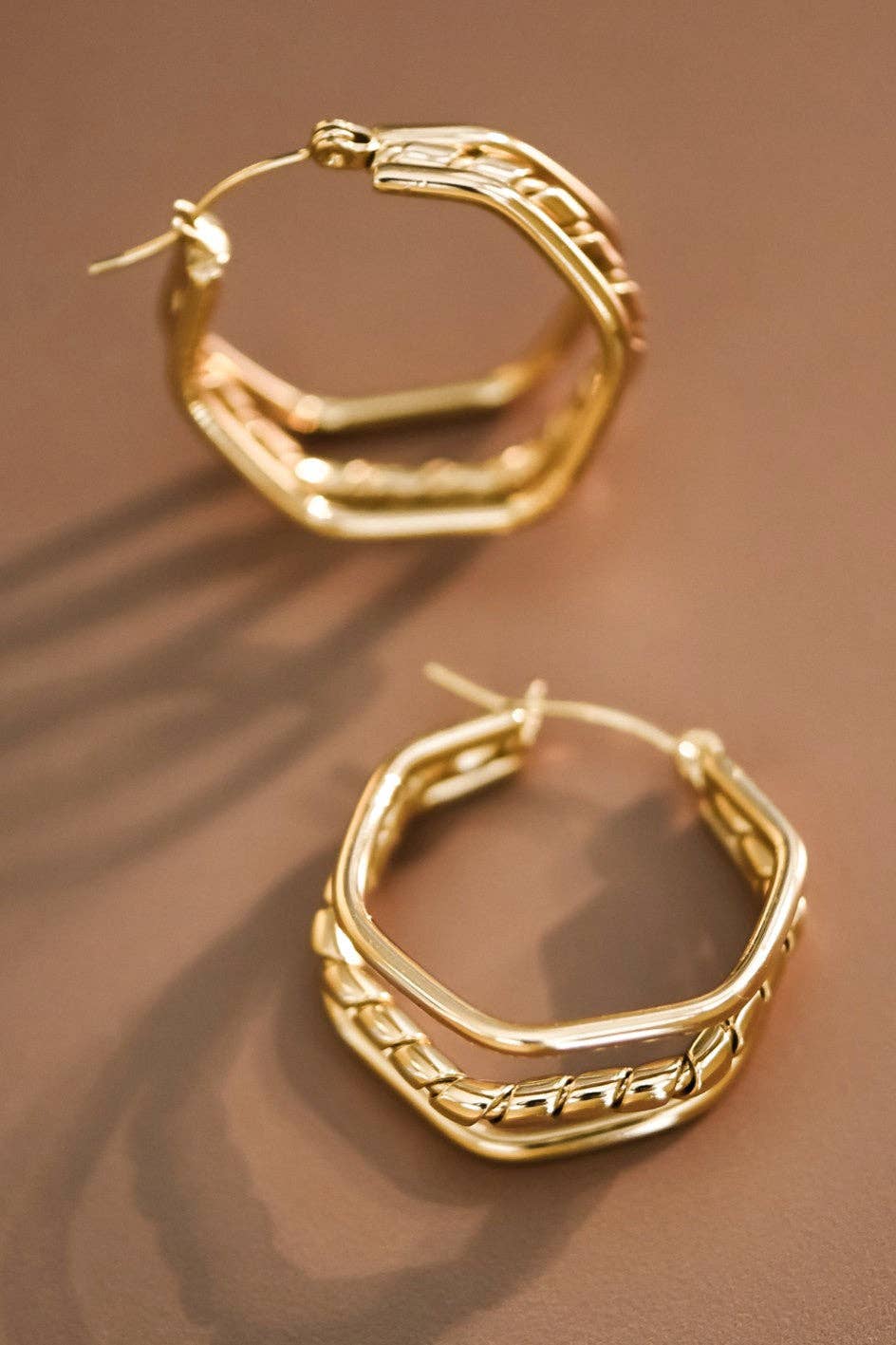 18K Gold Plated Waterproof Stainless Steel Hoop Hex Earrings