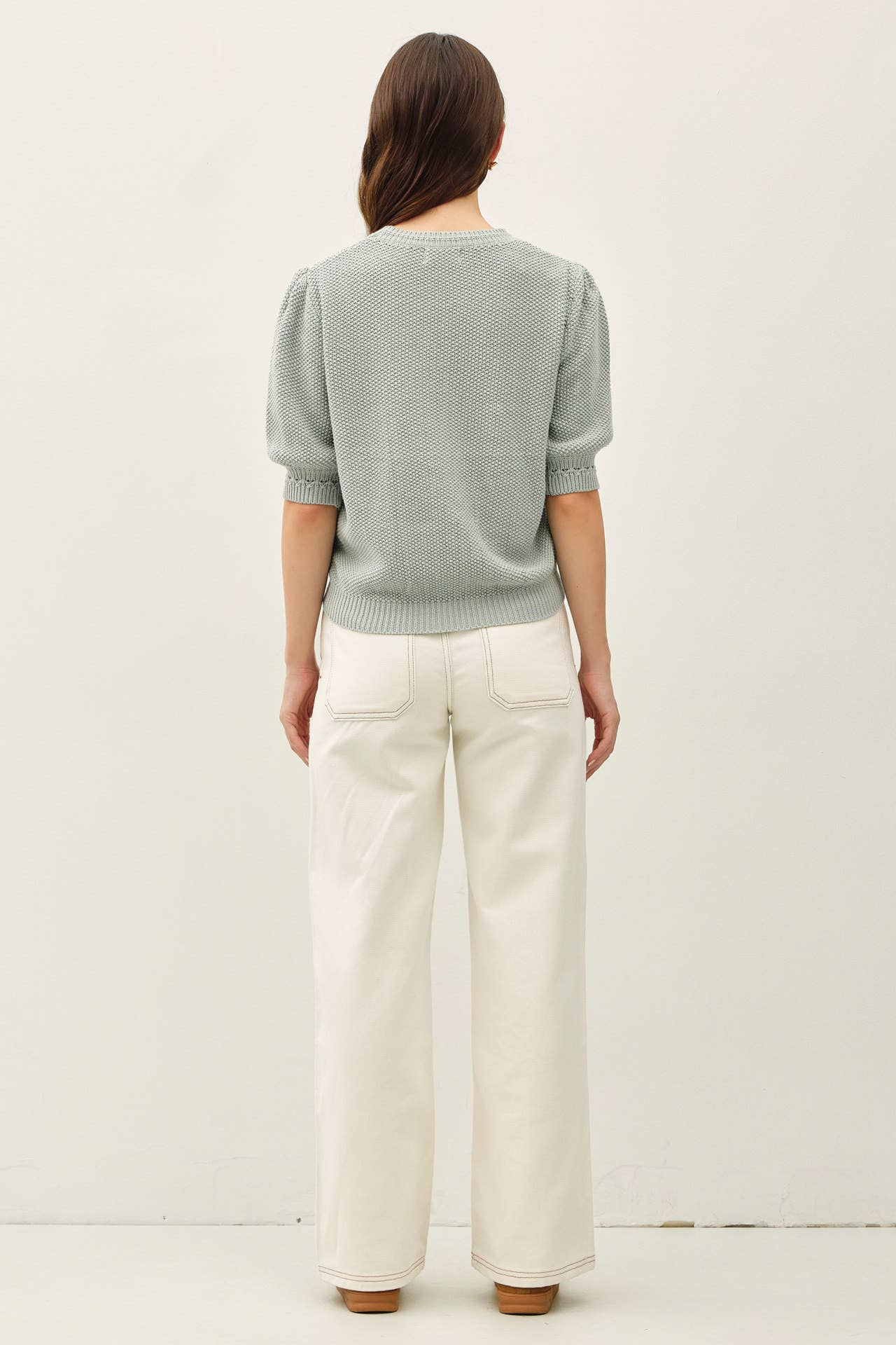 Be Cool - CHUNKY PUFF SHORT SLEEVE CABLE KNIT SWEATER: SEAFOAM / L