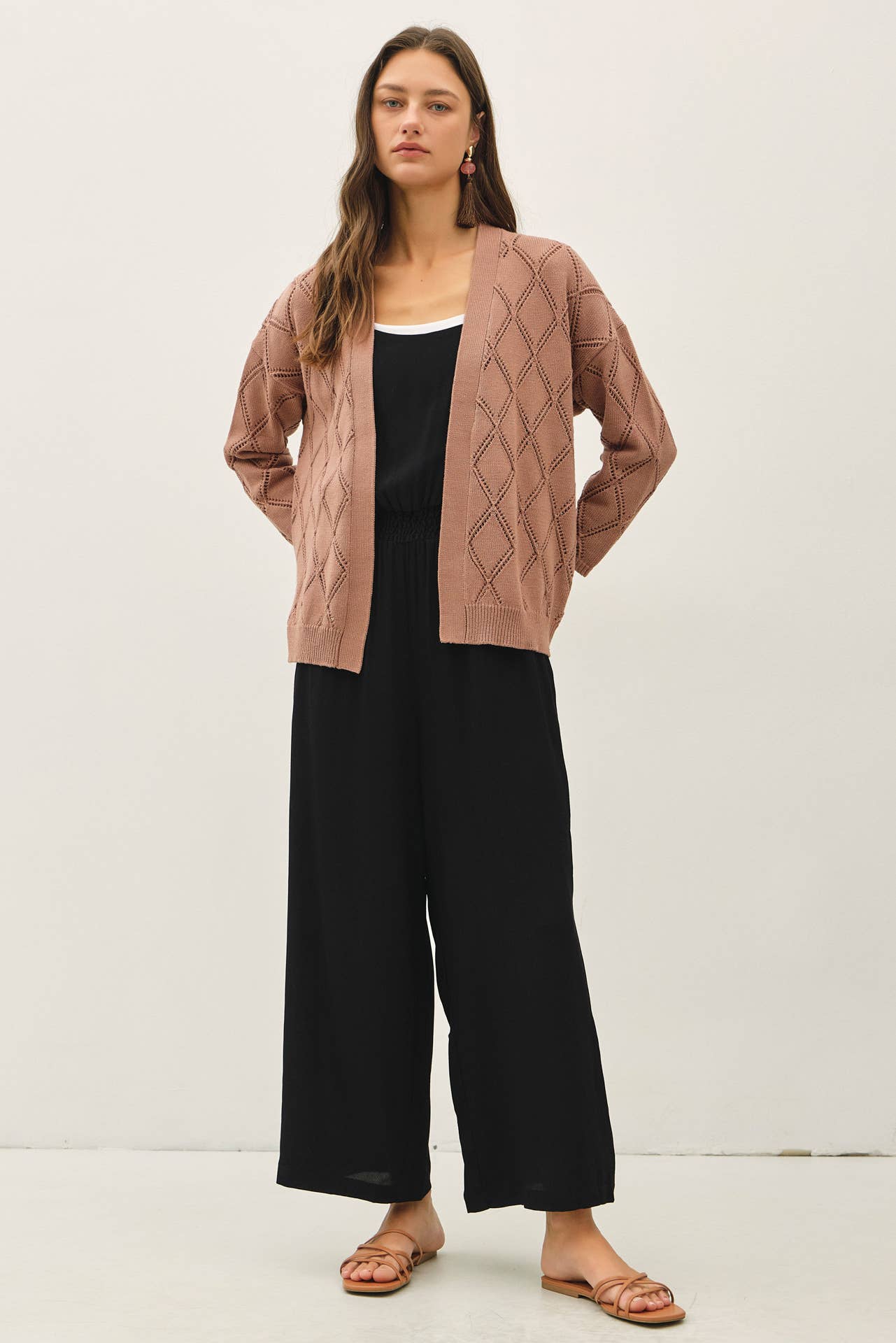 Be Cool - POINTELLE KNIT OPEN FRONT CARDIGAN: MARSALA / S