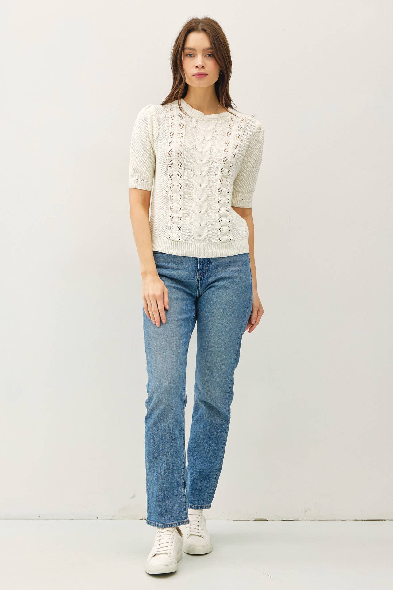 Be Cool - CHUNKY PUFF SHORT SLEEVE CABLE KNIT SWEATER: SEAFOAM / S