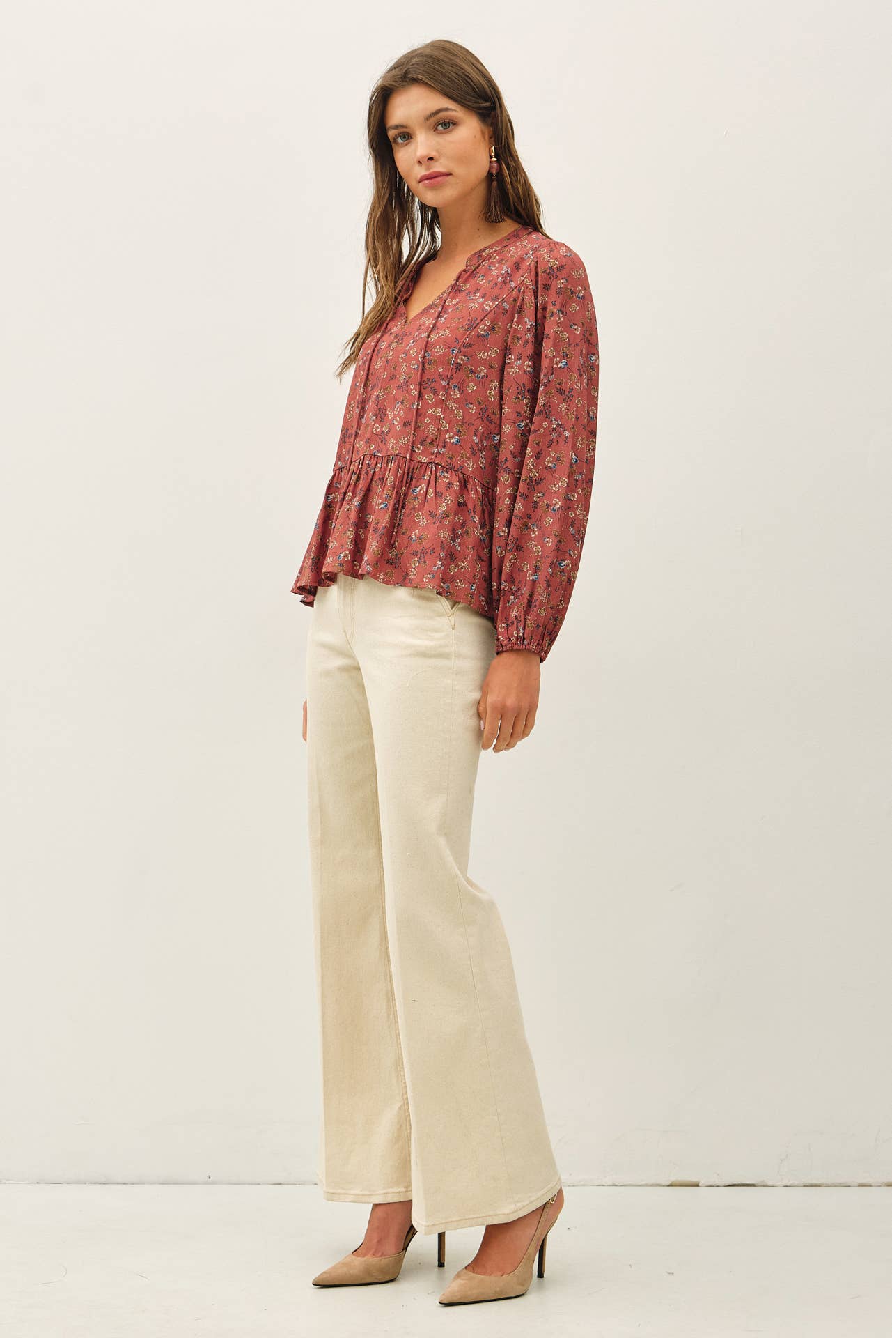 FLORAL PRINT V-NECK CHIFFON BLOUSE