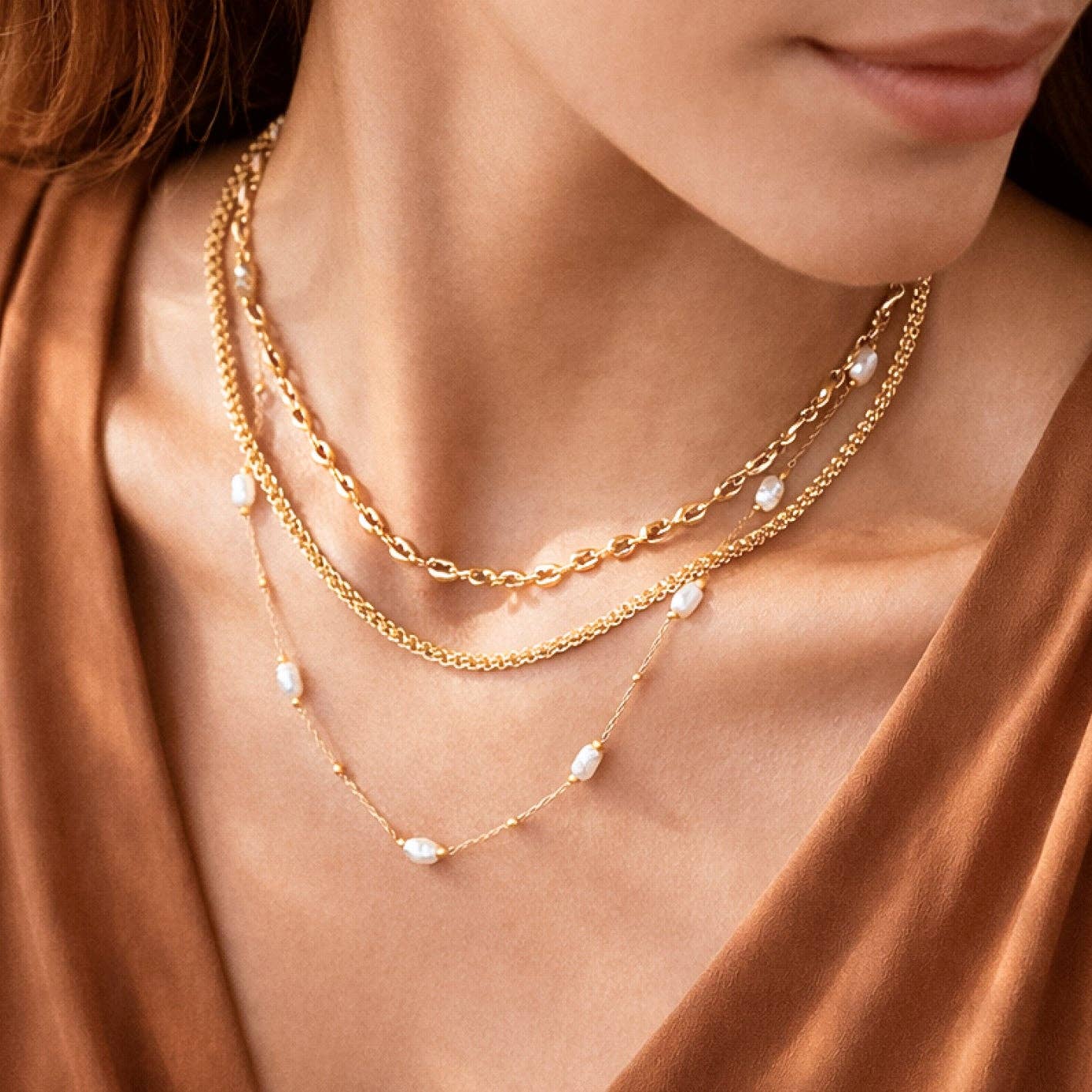 18K Gold Plated Triple Layered with Pearl String Necklace