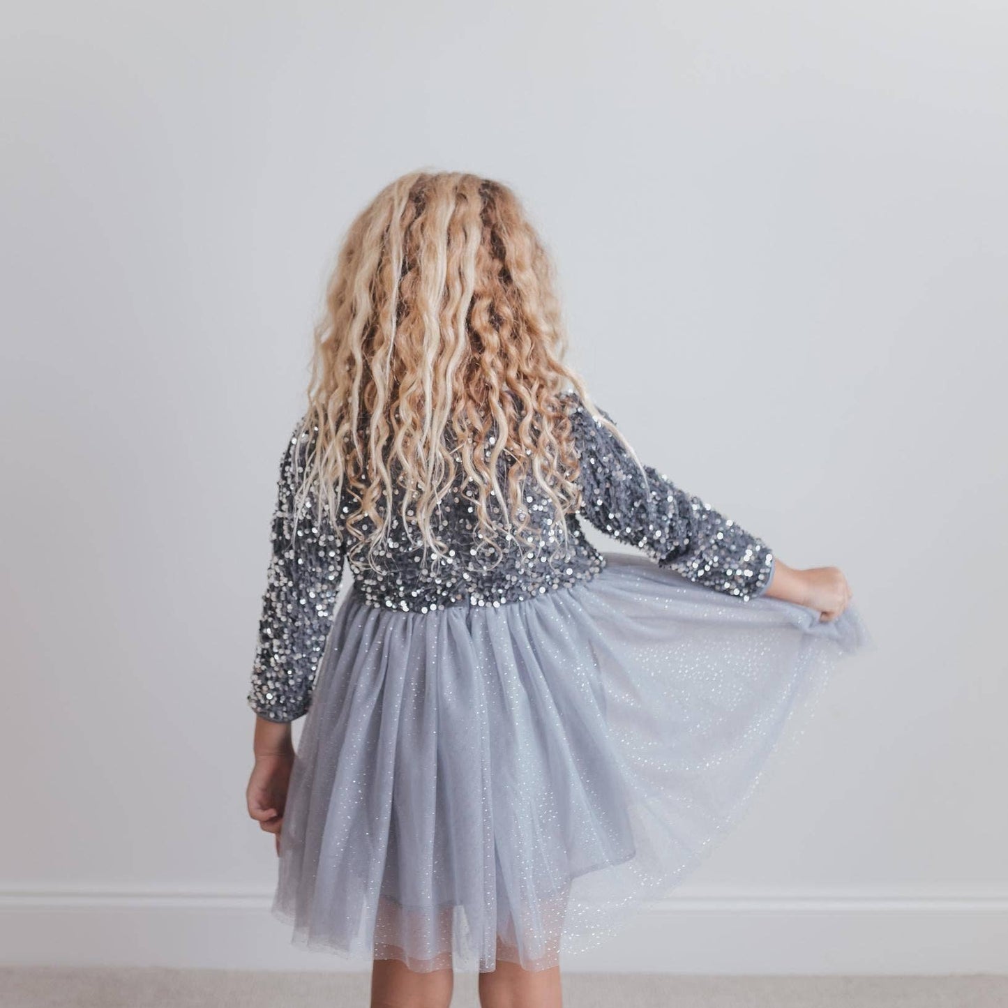 Kids Sequin Silver Holiday Fancy Sparkle Tulle Winter Dress