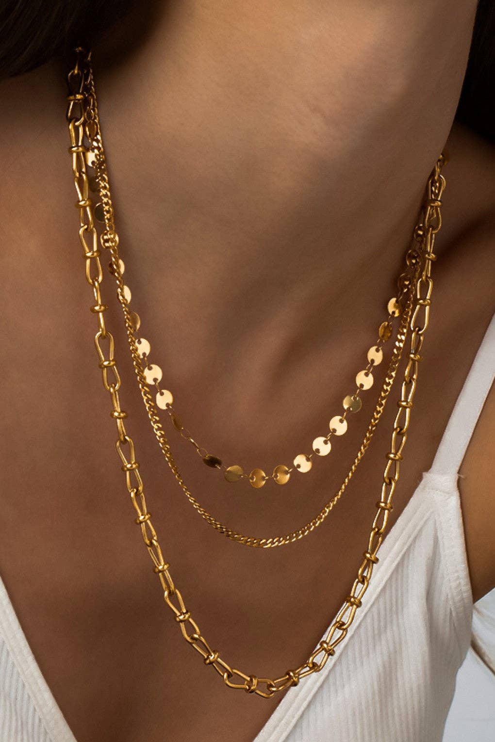 18K Gold Dipped Stainless Steel Triple Layered Chunky Chain Necklace