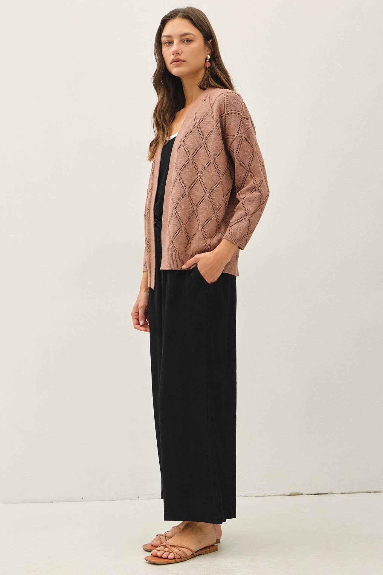 Be Cool - POINTELLE KNIT OPEN FRONT CARDIGAN: MARSALA / S