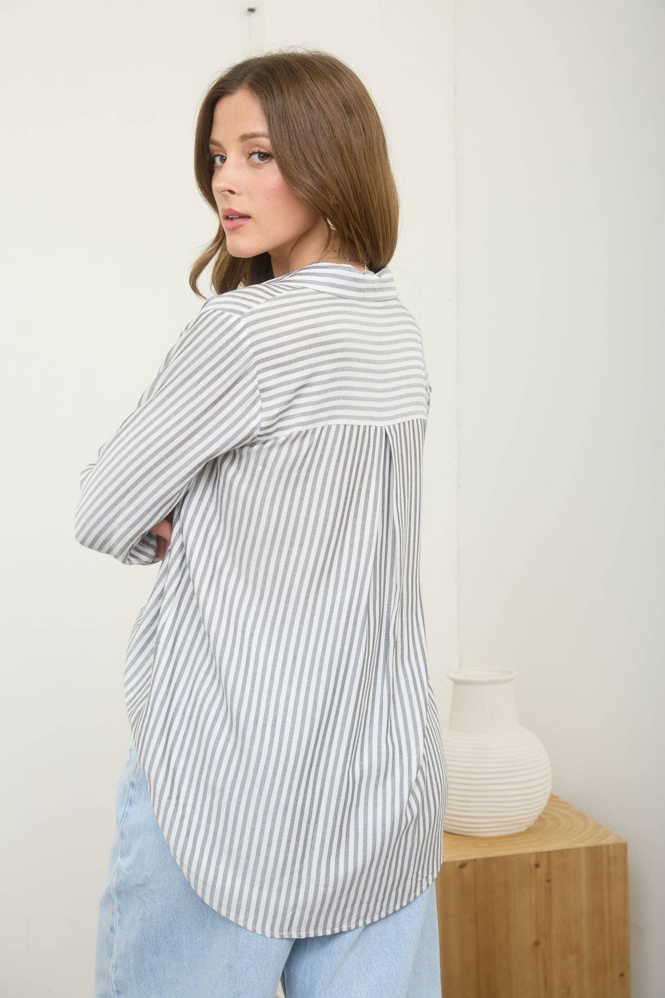 Blu Pepper - STRIPE COLLARED BUTTON DOWN LIGHTWEIGHT SHIRT : BROWN