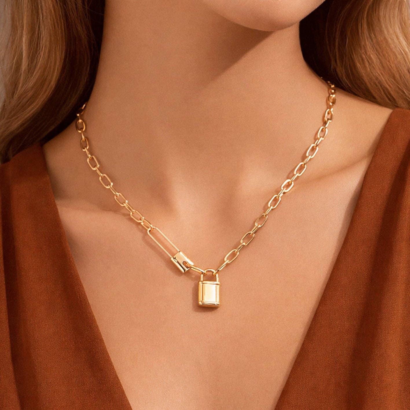 18K Gold Plated Waterproof Stainless Steel Padlock Chain Necklace