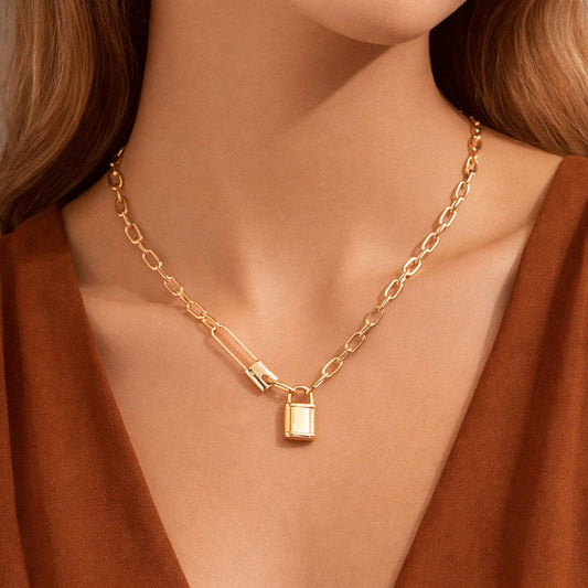 18K Gold Plated Waterproof Stainless Steel Padlock Chain Necklace