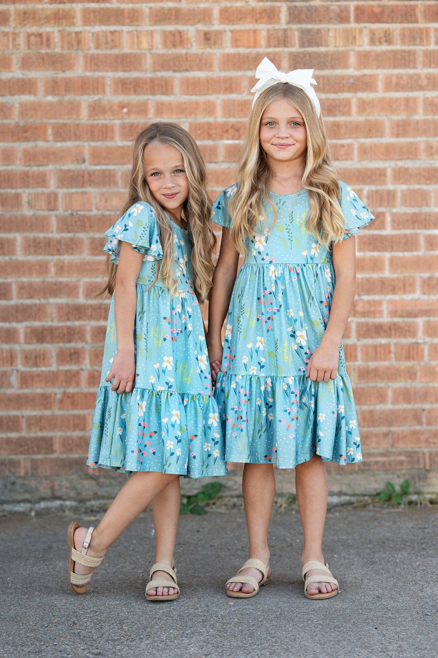 Girls Emma Teal Summer Willow Floral Flutter Sleeve Dress