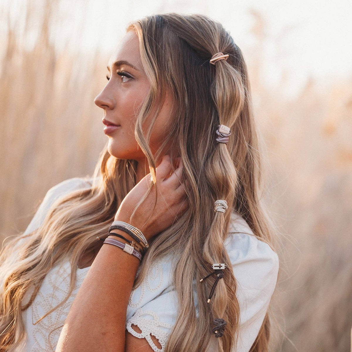 K'lani hair tie bracelets - "Faith" Warm Neutrals with Gold Cross Hair Tie Bracelets: Large