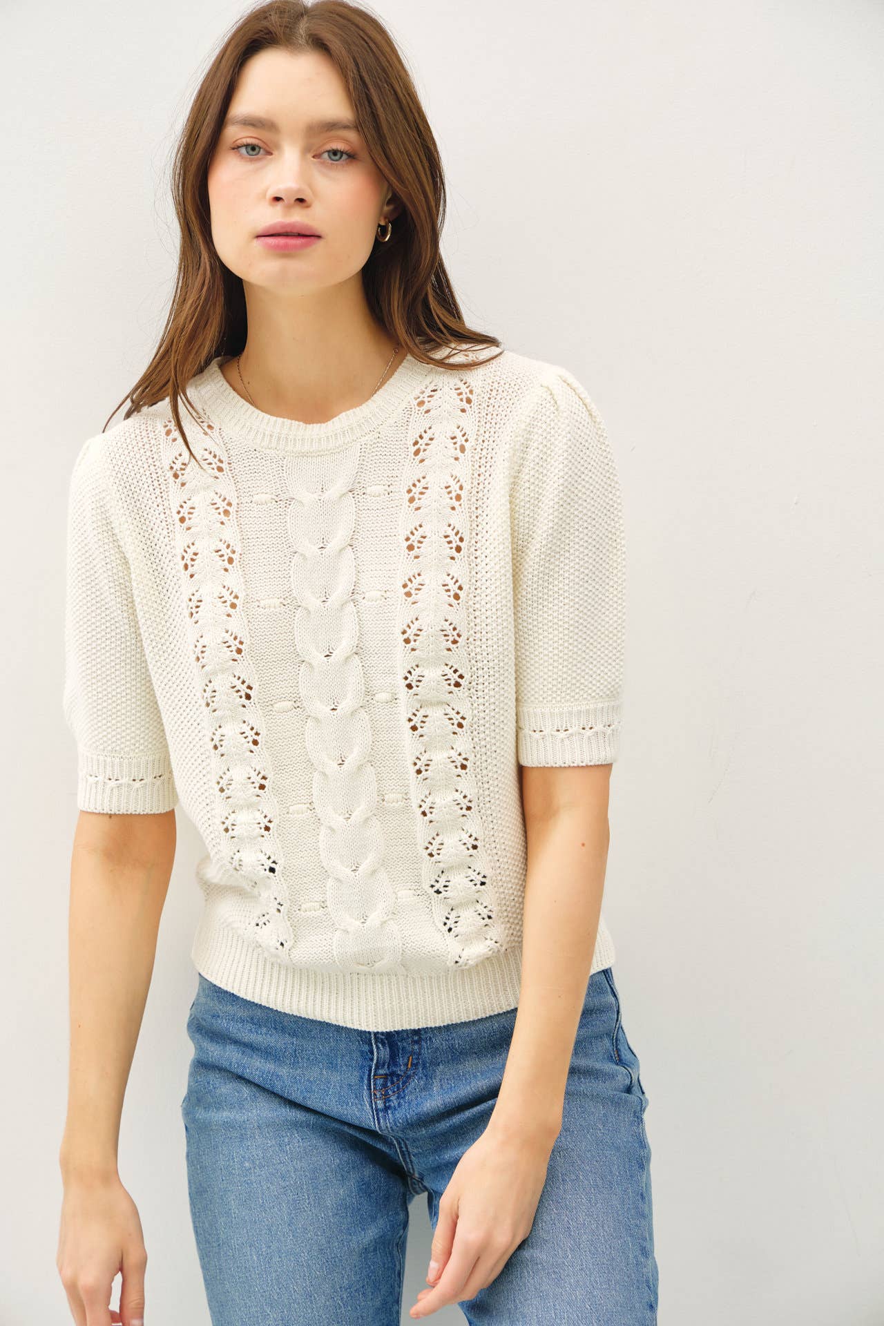 Be Cool - CHUNKY PUFF SHORT SLEEVE CABLE KNIT SWEATER: SEAFOAM / L