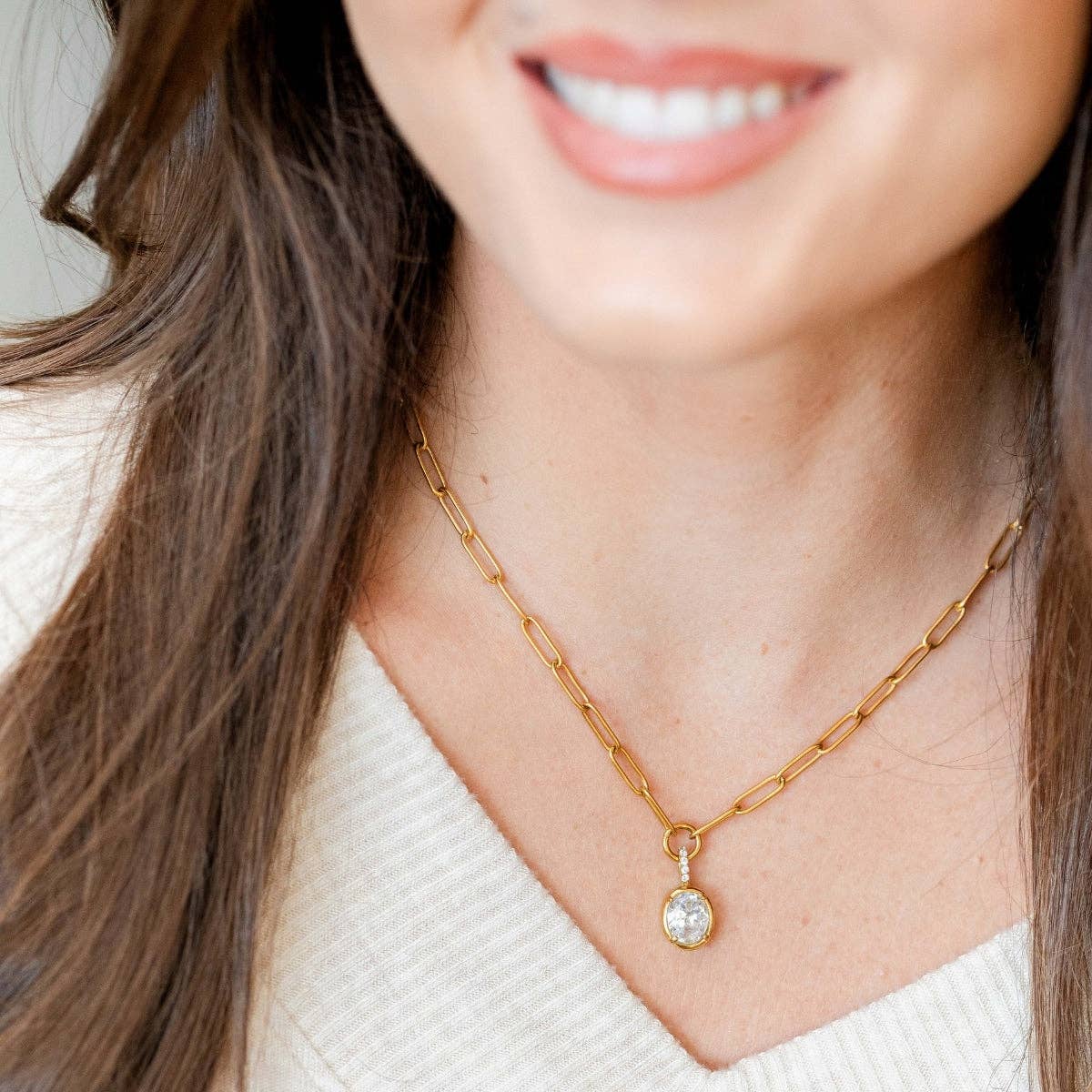 Splendid Iris - Large Cubic Zirconia Paperclip Necklace, Water-Resistant: Gold