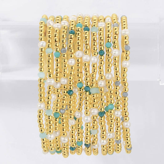 3mm Beaded Stretch Bracelet with Pearls and Crystals: Blues