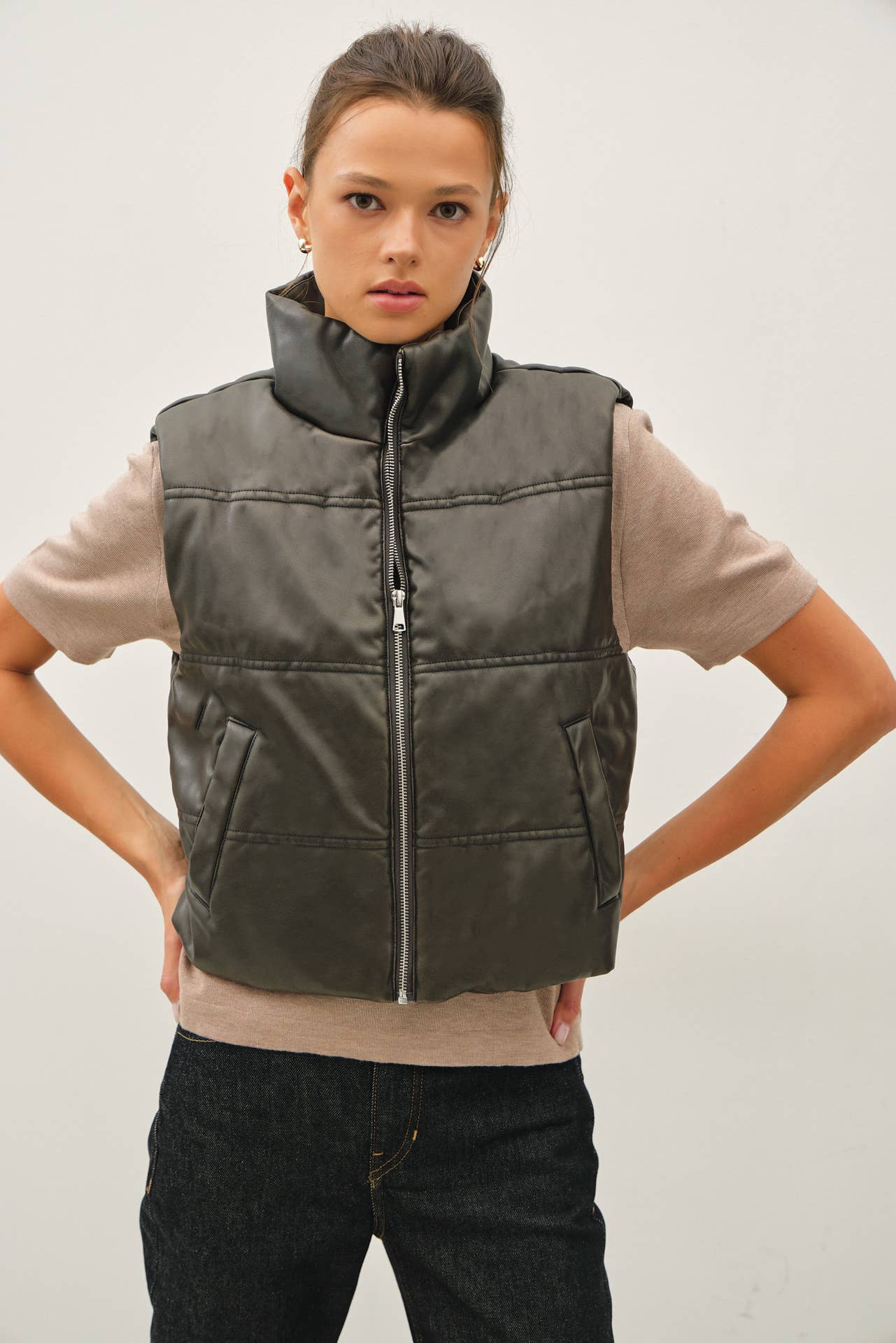 Be Cool - FAUX LEATHER PUFFER VEST : Brown / M