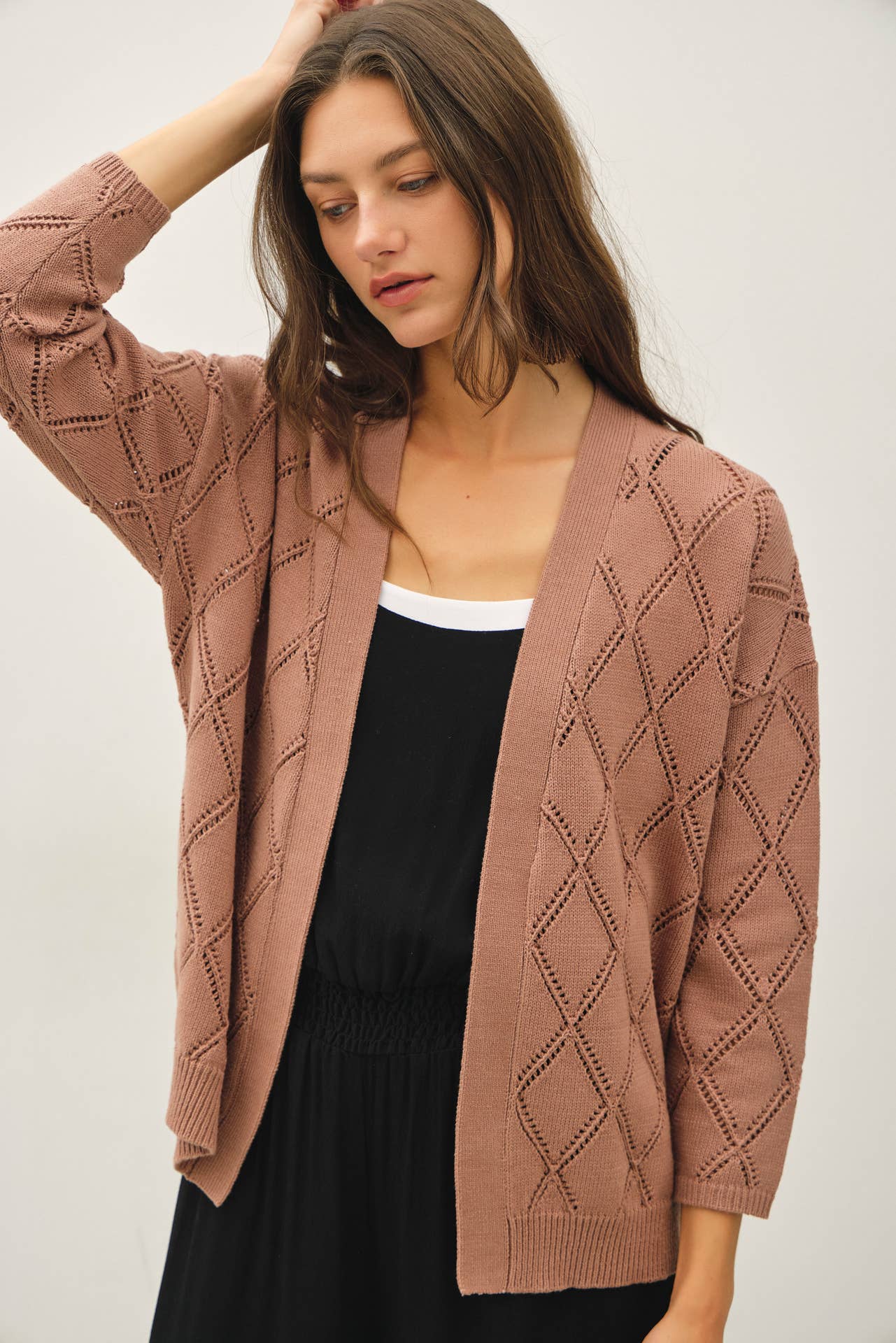 Be Cool - POINTELLE KNIT OPEN FRONT CARDIGAN: MARSALA / M