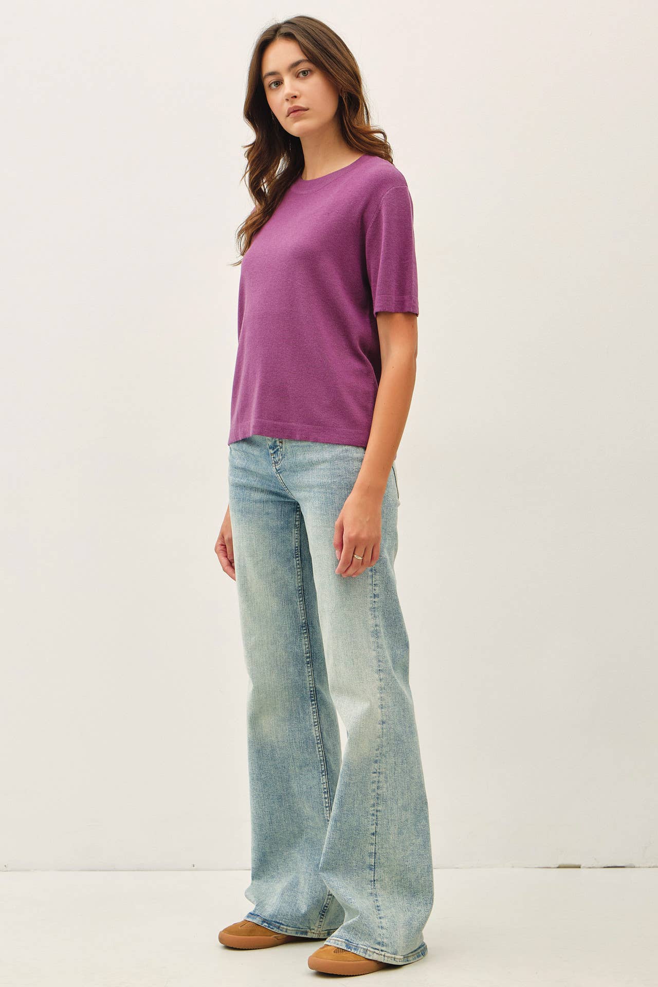 Be Cool - CASHMERE BLENDED SHORT SLEEVE SWEATER  : SLATE BLUE / M