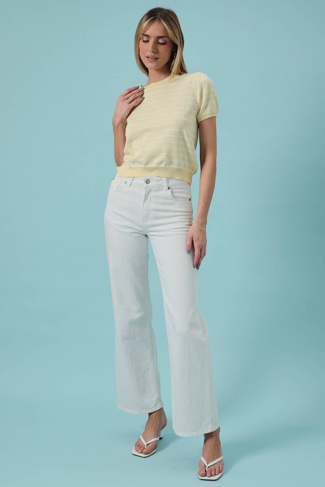 Sunday Edition by LE LIS - HALF SLEEVE CREW NECK PUFF STRIPED SWEATER TOP: LT BLUE-WHITE STRIPE / M